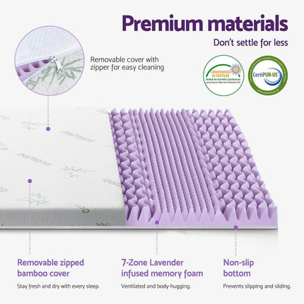 Giselle 8cm Memory Foam Mattress Topper Lavender Infused Bamboo Cover 7-Zone Double.