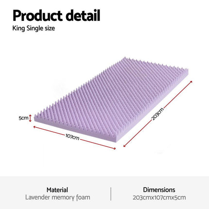 Giselle 5cm Memory Foam Mattress Topper Lavender Infused Egg Crate King Single.