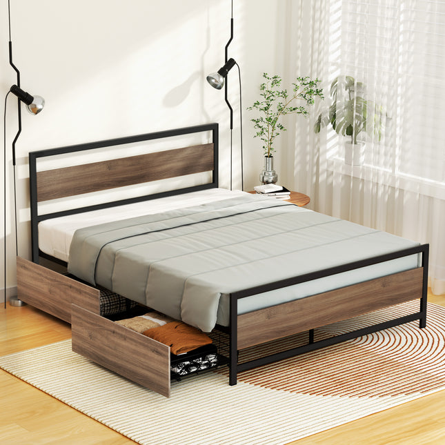 Artiss Bed Frame Queen Size Metal Frame with 2 Drawers DREW.
