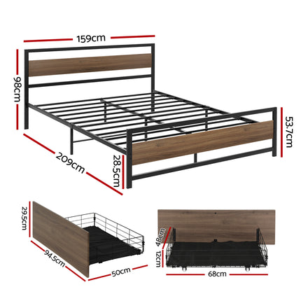 Artiss Bed Frame Queen Size Metal Frame with 2 Drawers DREW.