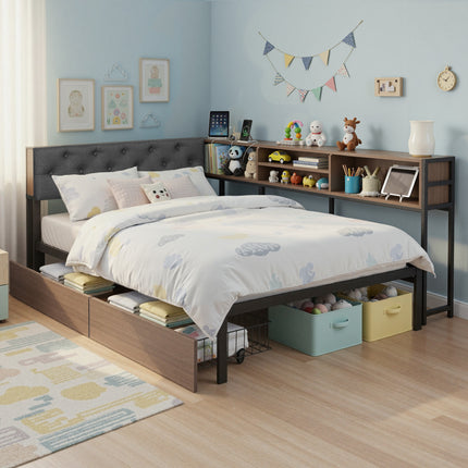 Artiss Bed Frame King Single Size with 2 Drawers and Charging Station Metal Corner Bed Base.