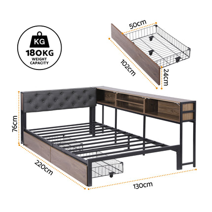 Artiss Bed Frame King Single Size with 2 Drawers and Charging Station Metal Corner Bed Base.