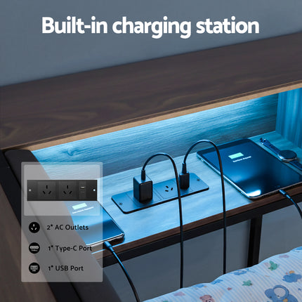 Artiss Bed Frame King Single Size with 2 Drawers and Charging Station Metal Corner Bed Base.