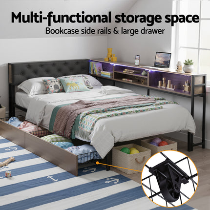 Artiss Bed Frame King Single Size with 2 Drawers and Charging Station Metal Corner Bed Base.
