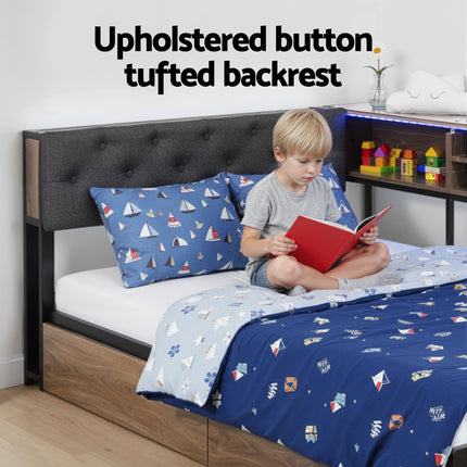 Artiss Bed Frame King Single Size with 2 Drawers and Charging Station Metal Corner Bed Base.