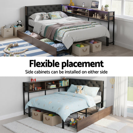 Artiss Bed Frame King Single Size with 2 Drawers and Charging Station Metal Corner Bed Base.