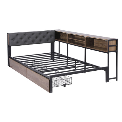 Artiss Bed Frame King Single Size with 2 Drawers and Charging Station Metal Corner Bed Base.