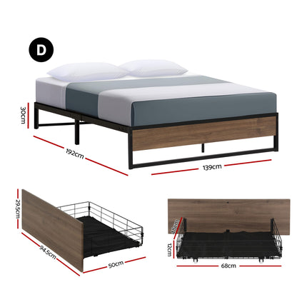 Artiss Bed Frame Metal Frame Double Size Bed Base 2 Drawers OSLO.