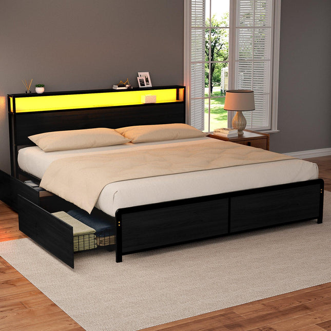 Artiss Metal Bed Frame King Size Storage Headboard Charge Station LED 4 Drawers.