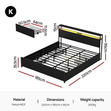 Artiss Metal Bed Frame King Size Storage Headboard Charge Station LED 4 Drawers.