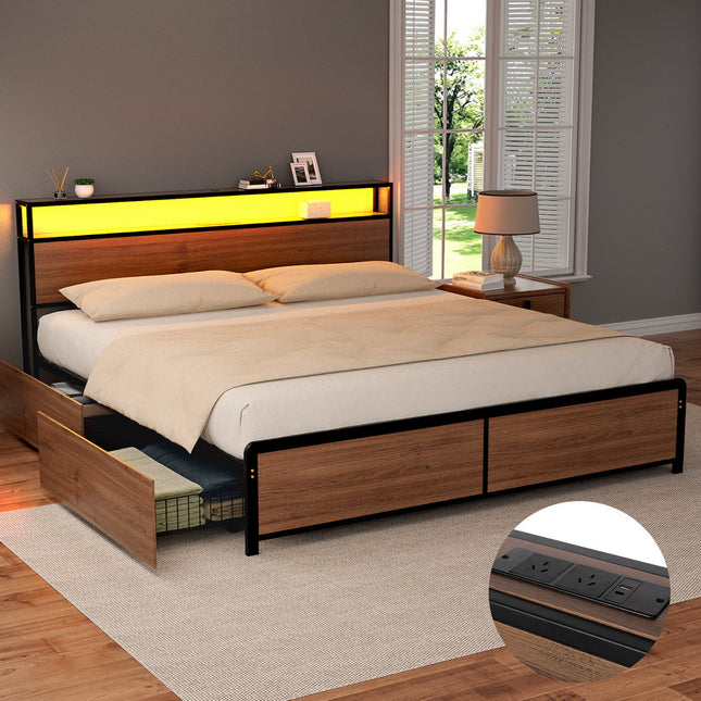 Artiss Metal Bed Frame King Size with 2-Tier Storage Headboard Metal Platform with 4 Storage Drawers Built in Charging Station & LED Noise-Free/Metal Support/No Box Spring Needed Vintage Brown.