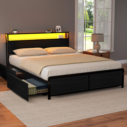 Artiss Metal Bed Frame Queen Size Storage Headboard Charge Station LED 4 Drawers.
