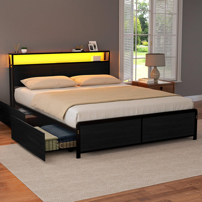 Artiss Metal Bed Frame Queen Size Storage Headboard Charge Station LED 4 Drawers.
