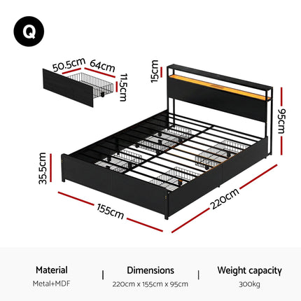 Artiss Metal Bed Frame Queen Size Storage Headboard Charge Station LED 4 Drawers.