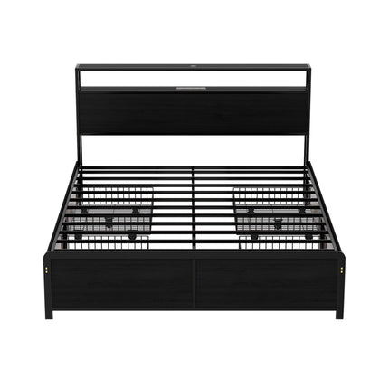 Artiss Metal Bed Frame Queen Size Storage Headboard Charge Station LED 4 Drawers.