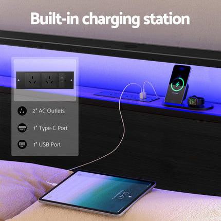 Artiss Metal Bed Frame Queen Size Storage Headboard Charge Station LED 4 Drawers.