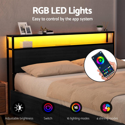 Artiss Metal Bed Frame Queen Size Storage Headboard Charge Station LED 4 Drawers.