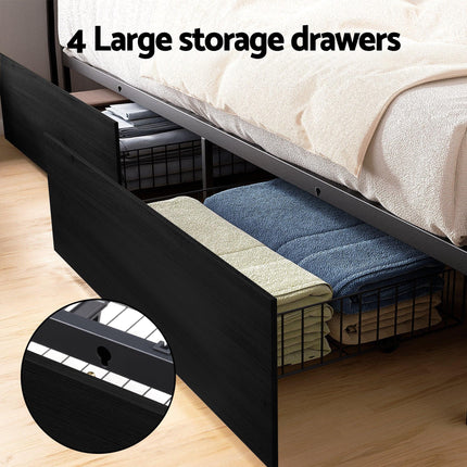 Artiss Metal Bed Frame Queen Size Storage Headboard Charge Station LED 4 Drawers.