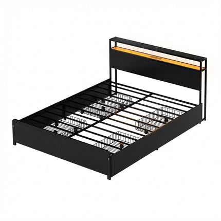 Artiss Metal Bed Frame Queen Size Storage Headboard Charge Station LED 4 Drawers.