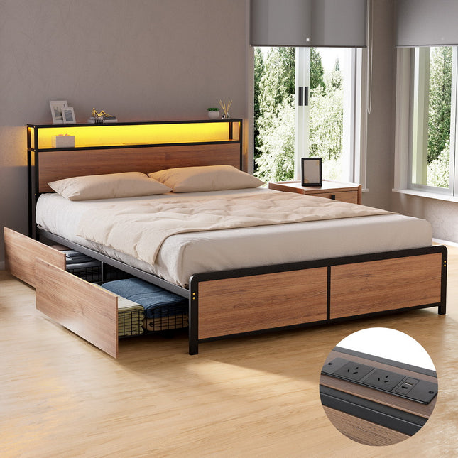 Artiss Metal Bed Frame Queen Size with 2-Tier Storage Headboard Metal Platform with 4 Storage Drawers Built in Charging Station & LED Noise-Free/Metal Support/No Box Spring Needed Vintage Brown.