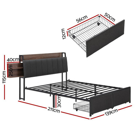 Artiss Metal Bed Frame Double Size with 2-Tier Hidden Storage with Charging Station.