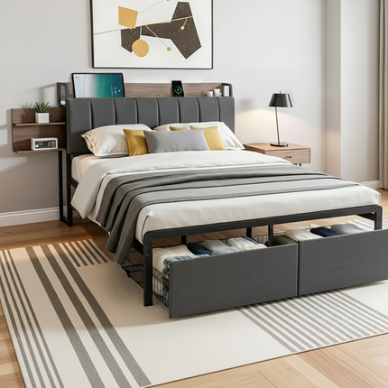 Artiss Metal Bed Frame Double Size with 2-Tier Hidden Storage with Charging Station.