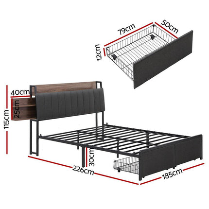 Artiss Metal Bed Frame King Size with 2-Tier Hidden Storage with Charging Station.