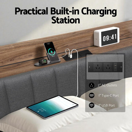 Artiss Metal Bed Frame King Size with 2-Tier Hidden Storage with Charging Station.