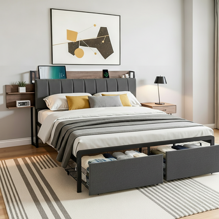 Artiss Metal Bed Frame Queen Size with 2-Tier Hidden Storage with Charging Station.