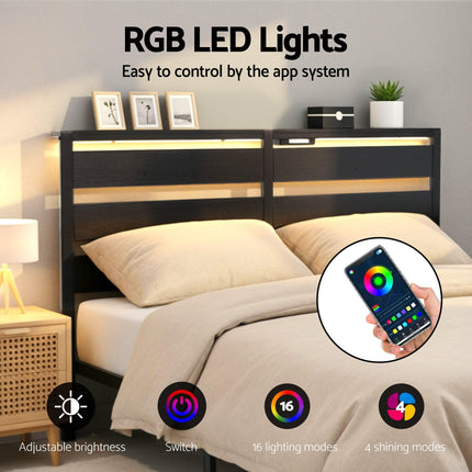 Artiss Bed Frame Double Size LED Metal Bed Base with Charging Station.