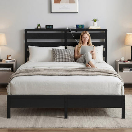 Artiss Bed Frame Queen Size LED Metal Bed Base with Charging Station.