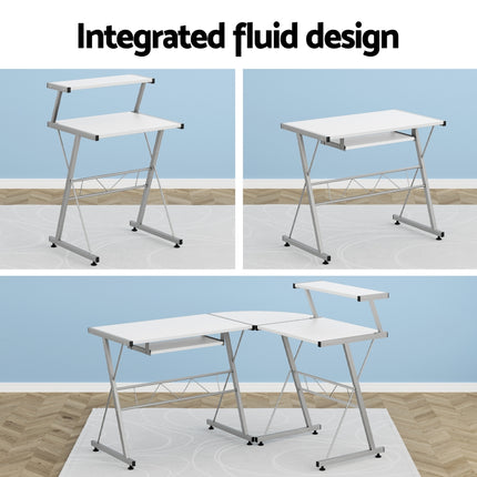 Artiss Computer Desk L-Shape Keyboard Tray Shelf White.