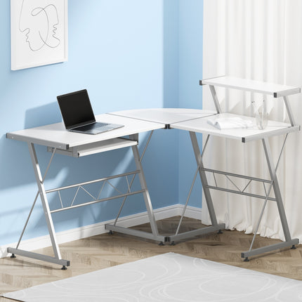 Artiss Computer Desk L-Shape Keyboard Tray Shelf White.