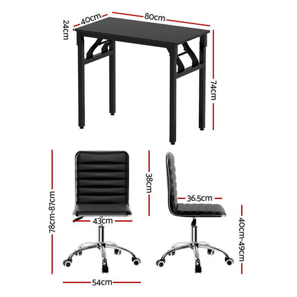 Artiss Computer Desk Office Chair PU Leather Set Foldable Home Study Table Black.