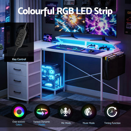 Artiss 140cm L Shaped Gaming Desk Computer Desk with LED Lights & Power Outlets.