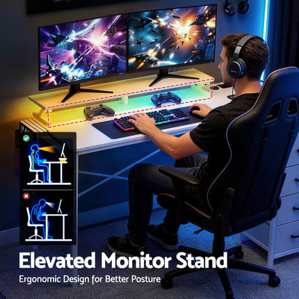 Artiss 140cm L Shaped Gaming Desk Computer Desk with LED Lights & Power Outlets.