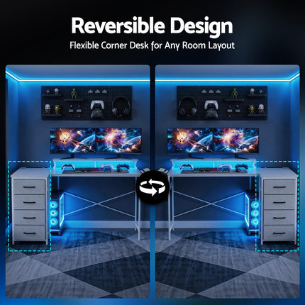 Artiss 140cm L Shaped Gaming Desk Computer Desk with LED Lights & Power Outlets.