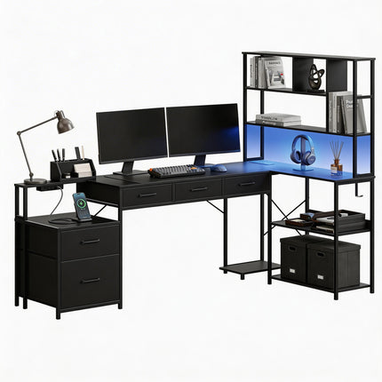 Artiss 140cm L Shaped Gaming Desk Computer Desk with LED Lights & Power Outlets.