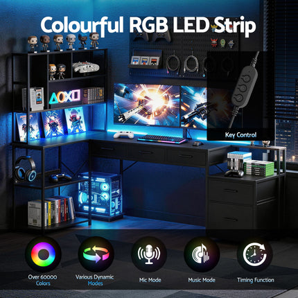 Artiss 140cm L Shaped Gaming Desk Computer Desk with LED Lights & Power Outlets.