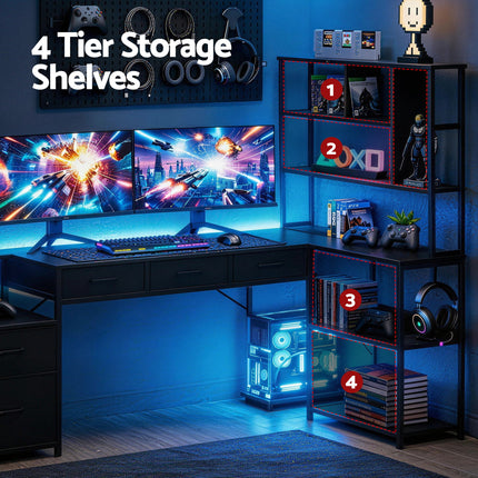Artiss 140cm L Shaped Gaming Desk Computer Desk with LED Lights & Power Outlets.