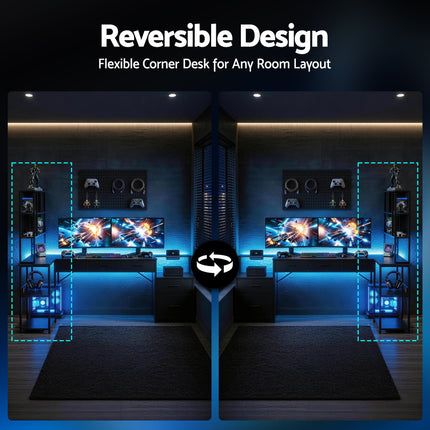 Artiss 140cm L Shaped Gaming Desk Computer Desk with LED Lights & Power Outlets.