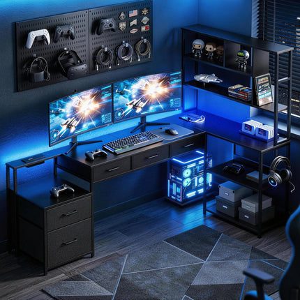 Artiss 140cm L Shaped Gaming Desk Computer Desk with LED Lights & Power Outlets.
