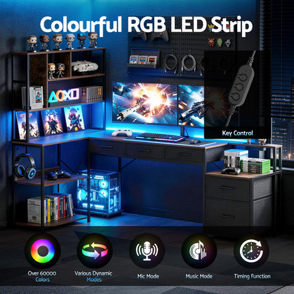 Artiss 140cm L Shaped Gaming Desk Computer Desk with LED Lights & Power Outlets.