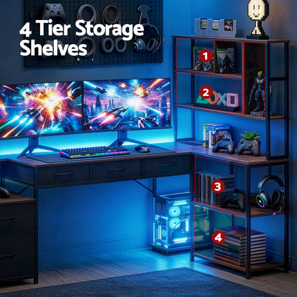 Artiss 140cm L Shaped Gaming Desk Computer Desk with LED Lights & Power Outlets.