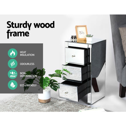 Artiss Bedside Table 3 Drawers Mirrored - QUENN Silver.