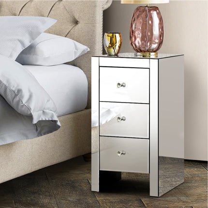 Artiss Bedside Table 3 Drawers Mirrored - QUENN Silver.