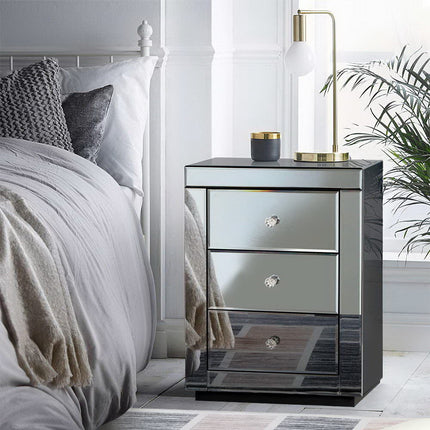 Artiss Bedside Table 3 Drawers Mirrored - PRESIA Silver.
