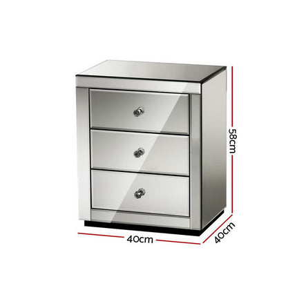 Artiss Bedside Table 3 Drawers Mirrored - PRESIA Silver.