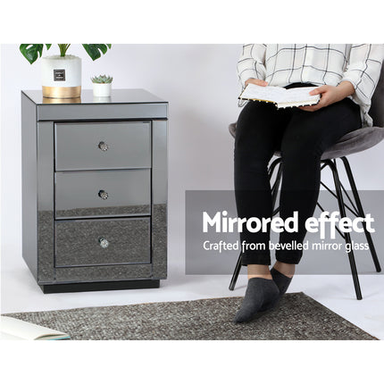 Artiss Bedside Table 3 Drawers Mirrored - PRESIA Silver.