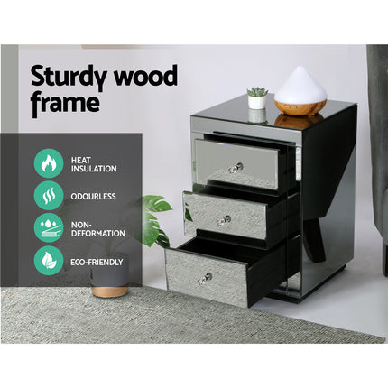 Artiss Bedside Table 3 Drawers Mirrored - PRESIA Silver.